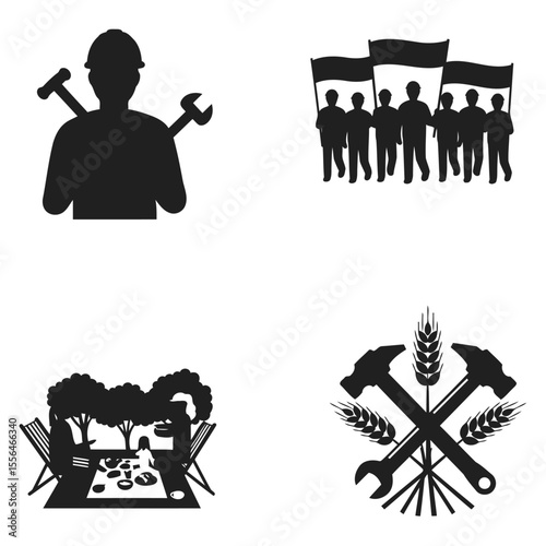 Silhouettes of labor symbols representing construction workers protesters picnic scene and agriculture with hammer wheat wrench and flags