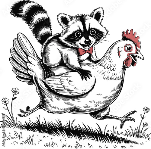 Cartoon raccoon riding a chicken through the grass with a red bow tie happy expression