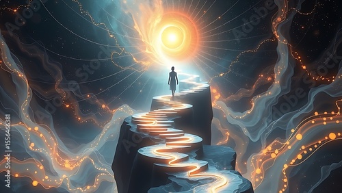 Woman Ascending Glowing Steps Toward Radiant Light Conceptual Journey Spiritual Growth Digital Art For Inspirational Visuals And Self Improvement Resources