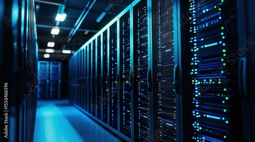 Advanced data center corridor with glowing server racks and ambient blue lighting, suitable for cloud services, IT infrastructure, and digital technology visuals