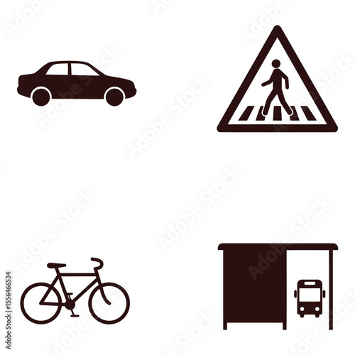 Transportation icons collection featuring a car pedestrian crossing sign bicycle and bus stop for various design projects