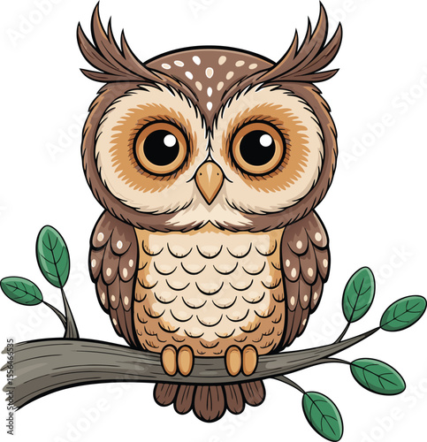 Charming cartoon owl perched on a branch with lush green leaves isolated