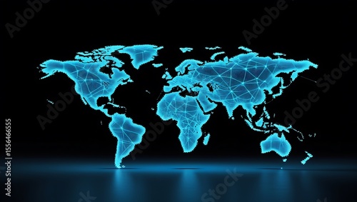 Blue Polygonal World Map: Global Network Connectivity on Black Background