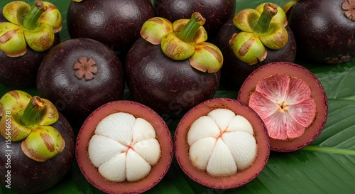 Fresh Mangosteen Fruit Whole and Halved on Green Leaf
