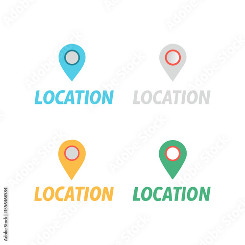 Vivid assortment of location pin icons in blue, gray, yellow, and green representing maps and travel destinations with the word location.
