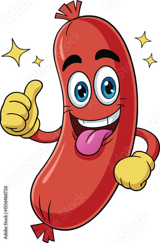 Cheerful cartoon sausage with thumbs up gesture shows positive approval and deliciousness