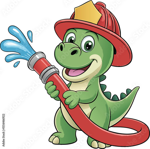 Cute cartoon dinosaur firefighter extinguishing a fire with a water hose on white background