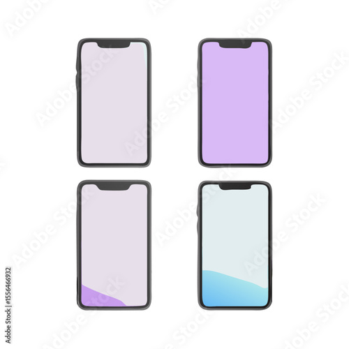 Four phones showcasing various colorful screens create a modern tech presentation for graphic design projects and digital interface templates.