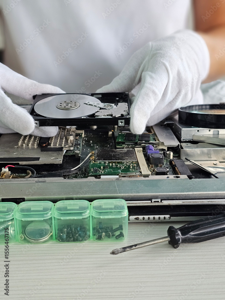 Obraz premium Technician repairs laptop by replacing hard drive while wearing in a clean workspace