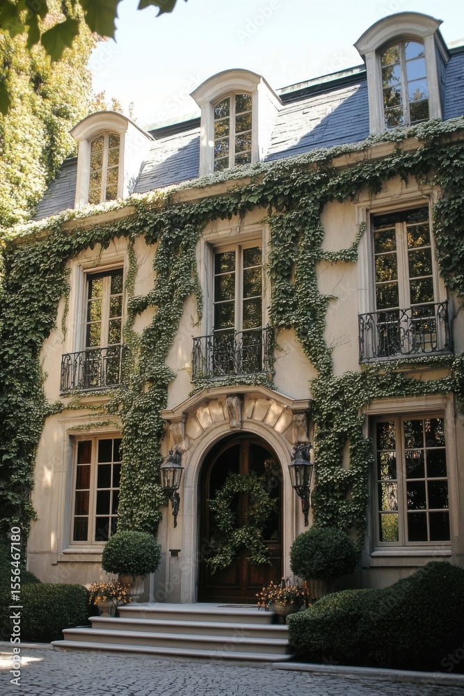 Fototapeta premium The enchanting mansion, adorned with charming ivy, gracefully stands amidst the tranquility of a picturesque neighborhood, enveloped by vibrant greenery on a beautiful sunny day
