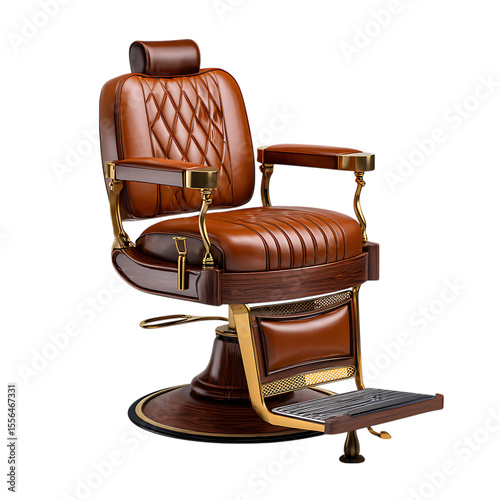 Luxurious brown leather barber chair with wood and gold accents isolated on transparent background
