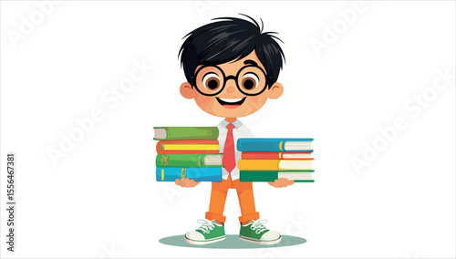A cartoon of a boy holding books