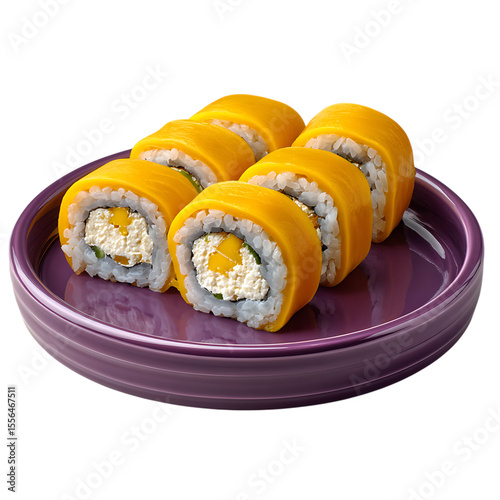 Delicious mango sushi rolls with cream cheese filling on a purple plate isolated on transparent background