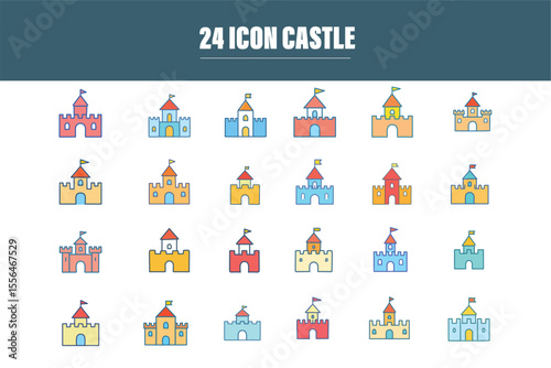 Colorful Castle Icons Set – 24 Flat Vector Badges