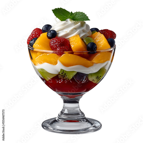 Delicious layered fruit parfait with whipped cream and mint isolated on transparent background