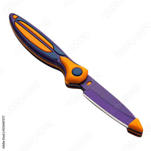 Futuristic orange purple and blue folding knife isolated on transparent background