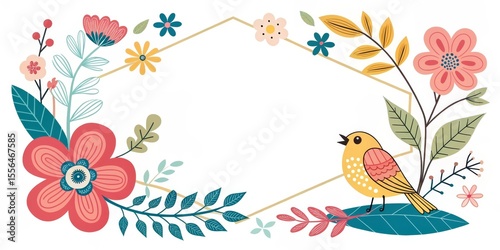 Floral Bird Hexagon Frame Illustration, Spring, Nature Floral design, bird illustration, hexagon frame, spring theme, nature illustration