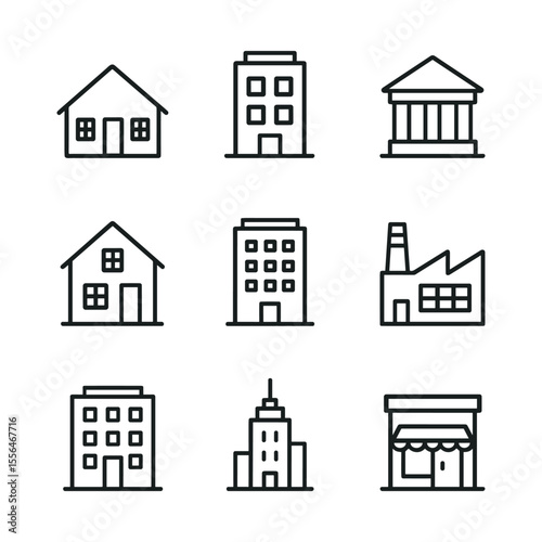 Urban buildings icon collection. Outline symbols. Line design