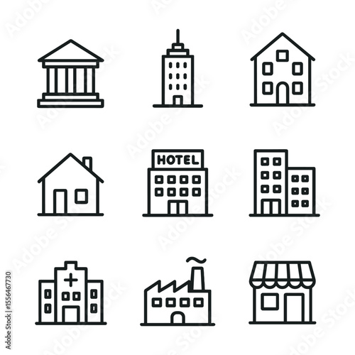 Commercial buildings icon collection. Outline symbols. Line design