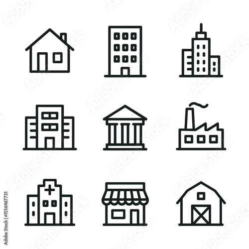 City buildings vector icon collection. Outline symbols. Line design
