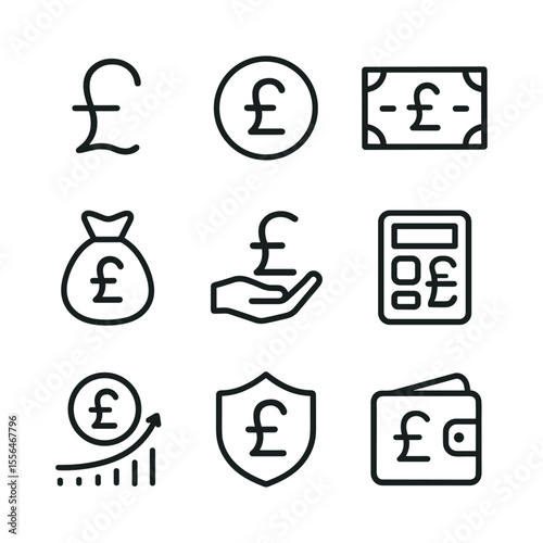 Pound sterling financial icons. Outline symbols. Line design