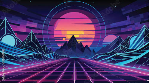 Synthwave Sunset Vibrant Neon Abstract Landscape Background