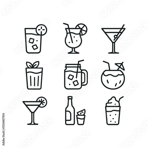 Tropical drinks and cocktail icons. Outline symbols. Line design