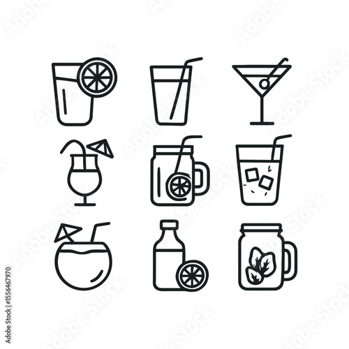 Summer beverages and drinks icons. Outline symbols. Line design