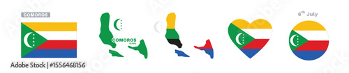 comoros flag and map set. comoros flag in official colors and proportions. independence day 6 july, map, circle and heart shaped comoros 