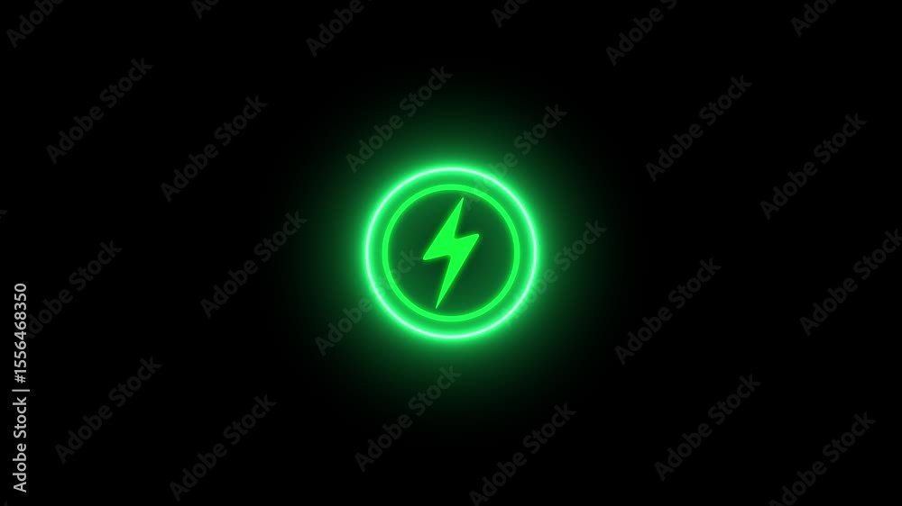 Neon glowing battery charging icon animation with neon circle. Neon power button icon color glowing colorful animation in black background, 4k vieo.