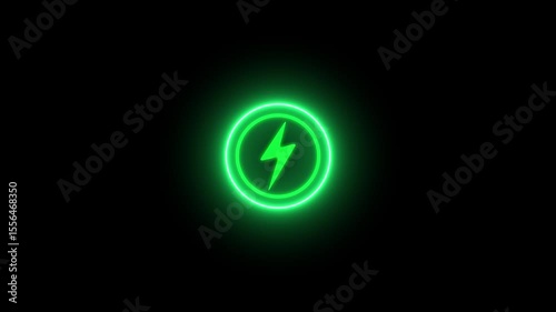Neon glowing battery charging icon animation with neon circle. Neon power button icon color glowing colorful animation in black background, 4k vieo.