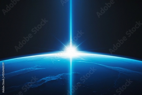 Blue light flare - flash light streak ray - large light flare behind the planet


