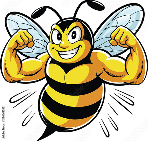 Strong smiling bee mascot showing off muscles and posing in a cartoon illustration