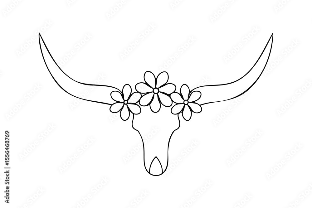 Fototapeta premium Bull skull with floral crown horns flowers