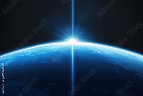 Blue light flare - flash light streak ray - large light flare behind the planet


