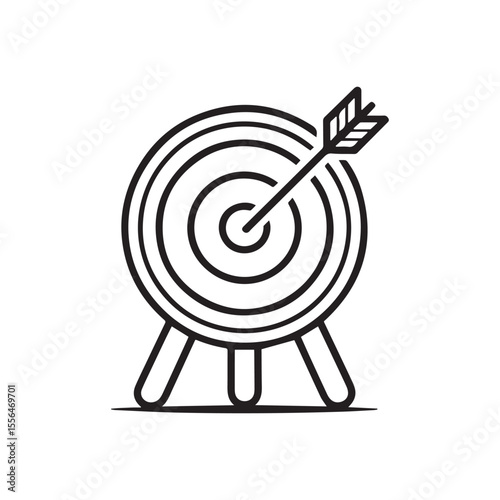 Dart arrow hit center target. Bulls eye. Pictogram isolated on white background.