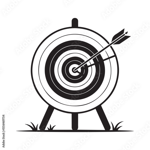 Dart arrow hit center target. Bulls eye. Pictogram isolated on white background.