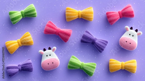 Colorful Candy Bows and Cute Cow Pattern on Purple Glitter Background