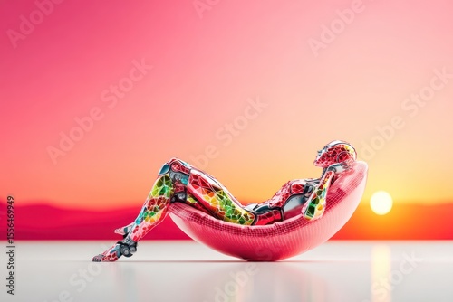 Colorful Cyborg Relaxing in Pink Lounge Chair at Sunset