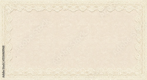 Elegant lace border with vintage pattern on a textured beige background. Detailed decorative frame for wedding invitation, for scrapbooking and collages