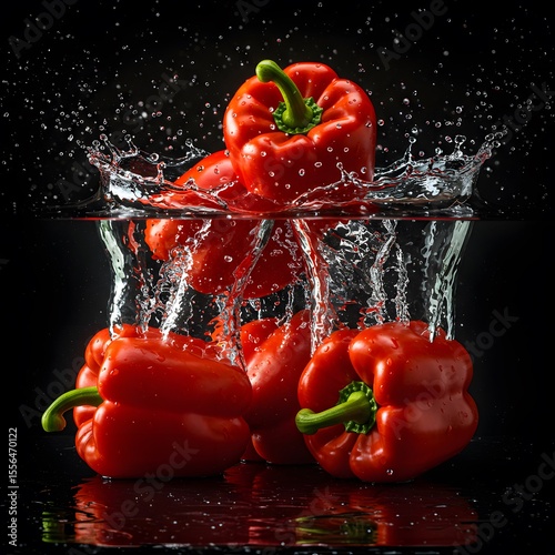Explosion of freshness: red peppers immersed in water, creating dynamic splashes.