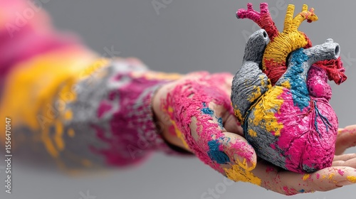 Colorful Hand Holding a Pixelized Heart Medical Illustration
