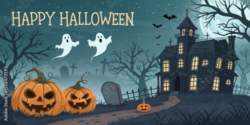 Happy Halloween Haunted House Illustration, Jack-o'-lanterns, Ghosts, Digital Painting, Halloween Background Halloween, Digital Art
