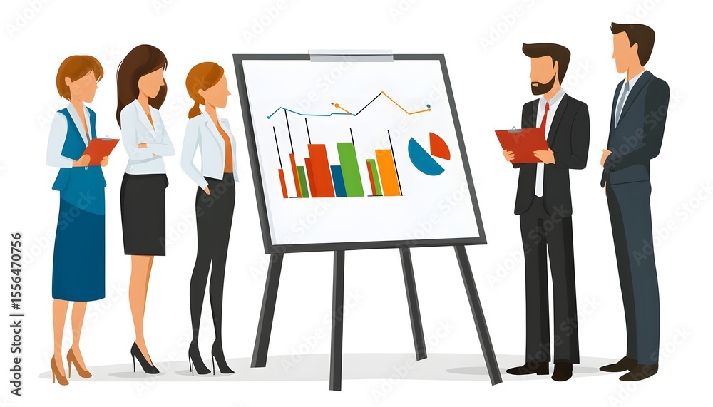 Fototapeta premium A group of professionals analyzing data during a business presentation. Charts and graphs displayed highlight key performance indicators and trends.
