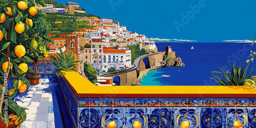 Amalfi Coast Vista: Stunning view of the Amalfi coast with lemons & patterned tiles. Perfect for travel brochures, wall art, or Mediterranean-themed designs. Coastal Italy.
