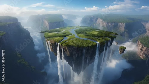 Spectacular Waterfall Cascades from Lush Floating Island in Tropical Fantasy Landscape