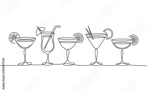 A continuous line drawing showcases a series of cocktail glasses, each garnished with lemon slices and different decorations.