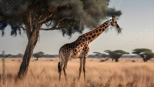 Giraffe standing beside a tree in an open field with a natural landscape under soft daylight and visible long neck features photo