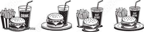 Silhouette Vector of Burger, Fries, and Drink Combo – Fast Food Combo Icon for Restaurant Branding, Menu Design, and Takeout Promotions


