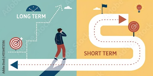 Man Choosing Short vs. Long-Term Goals Illustration, Path, Decision, Goal Setting goal planning, strategic decision